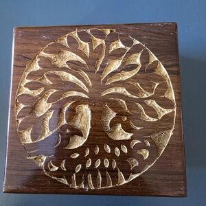 Hand-carved wooden box  featuring a Tree of Life design.